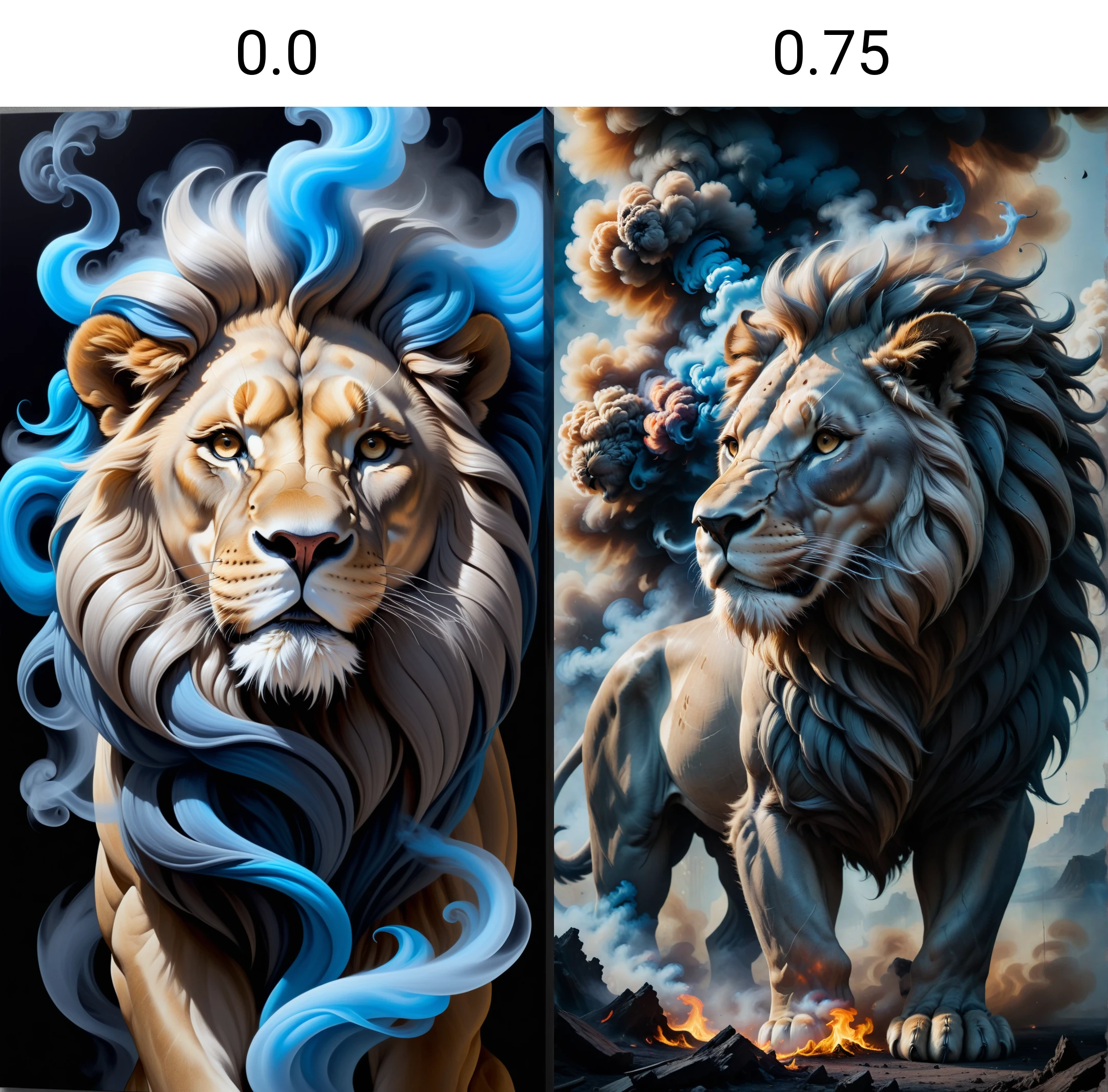<lora:dAIversityLoRASDXL-PhotoSemiReal:0.0>Surrealist painting of a lion made of smoke and whispers, Blue and gray colors, Swirling shapes, Mysterious and intriguing atmosphere, Dark background, Wispy hair-like smoke, Whispering mouth, Dreamlike, Soft and hazy edges, Medium shot, Artsy, Surreal, Conceptual, High quality, High resolution, Detailed, Intricate, Textured, 4k, Canvas, Oil paint, Realistic, Hyperrealistic, (Masterpiece:1.3) (best quality:1.2) (high quality:1.1)