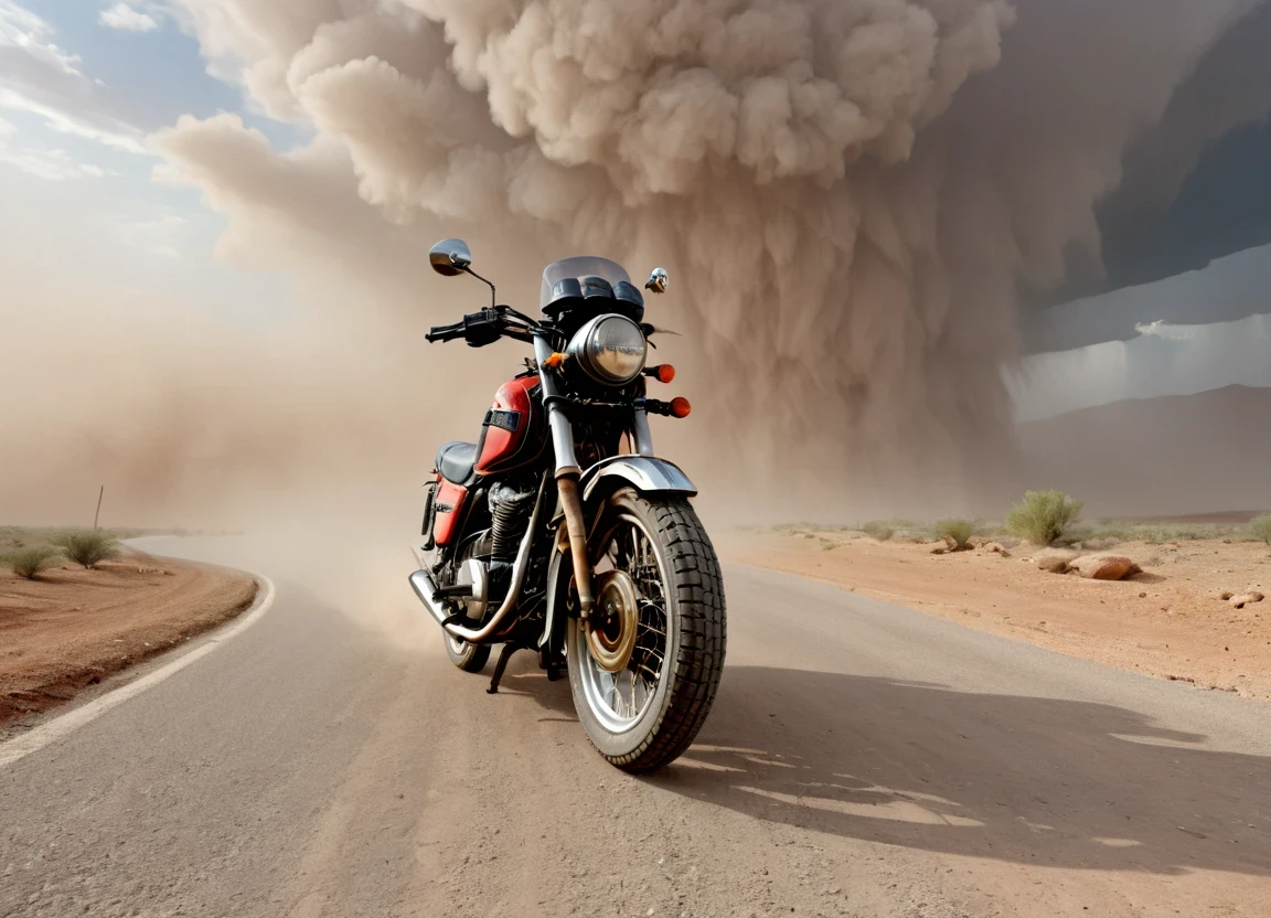 obc02 Motorcycle <lora:02_vehicle_obc02:1.0> on a road, 
outside, mind-bending,
nature at background, professional, realistic, high quality,
Dust storm with haze, <lora:general_vehicle:-0.20>