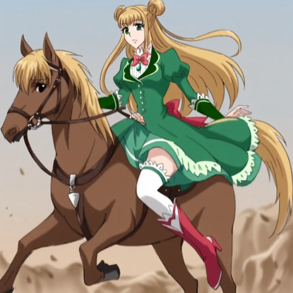 semi-realistic, 1girl, riding a horse, full body, <lora:CeciliaXL:1> Cecilia, blonde hair, tailbone length hair, green eyes, green dress, red bow, green pendant, two buns, white extra long thigh high socks, red slippers