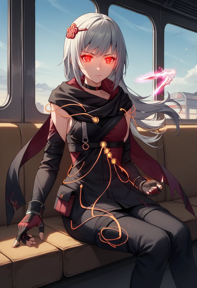 score_9, score_8_up, score_7_up, source_anime, BREAK 1girl, sitting, closed mouth, looking at viewer, hand up, magic, floating dagger, glowing eyes, <lora:KasaneSN-pdxl:1> defKasane, long hair, hair ornament, red eyes, choker, black jacket, black scarf, red cape, detached sleeves, red gloves, fingerless gloves, black pants, indoors, train, window, sky