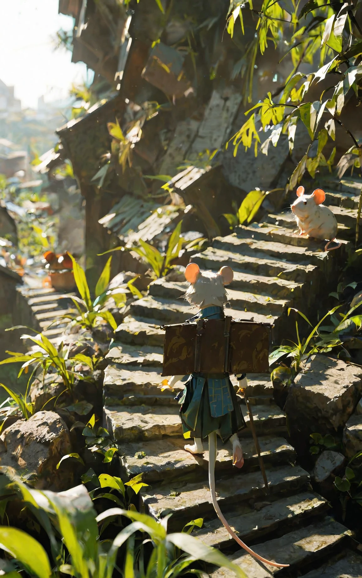 best quality, masterpiece, (ultra-detailed:1.1), good background, oil painting, 
[<lora:EndlessSteps-v2-Kohaku-Tanger:0.75>, ::0.75], Endless Steps, Climbing stairs, CG, no humans, blurry, scenery, mouse, outdoors, depth of field, animal, plant, day, rock, chinese zodiac, a couple of mice are walking on a path, a small white mouse and a small grey mouse on top of a stone wall,