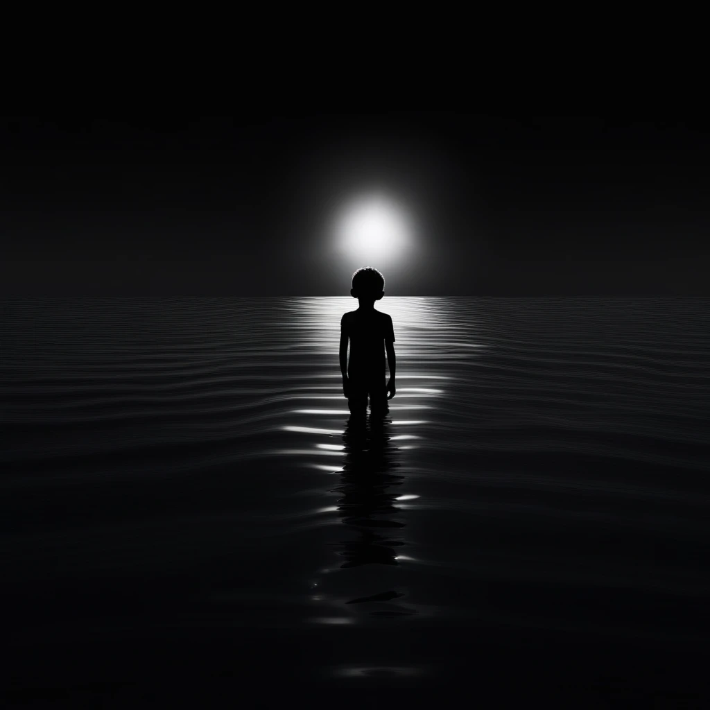 water, dark, 1boy, sun, solo, black background, monochrome, gradient sky, star (sky)