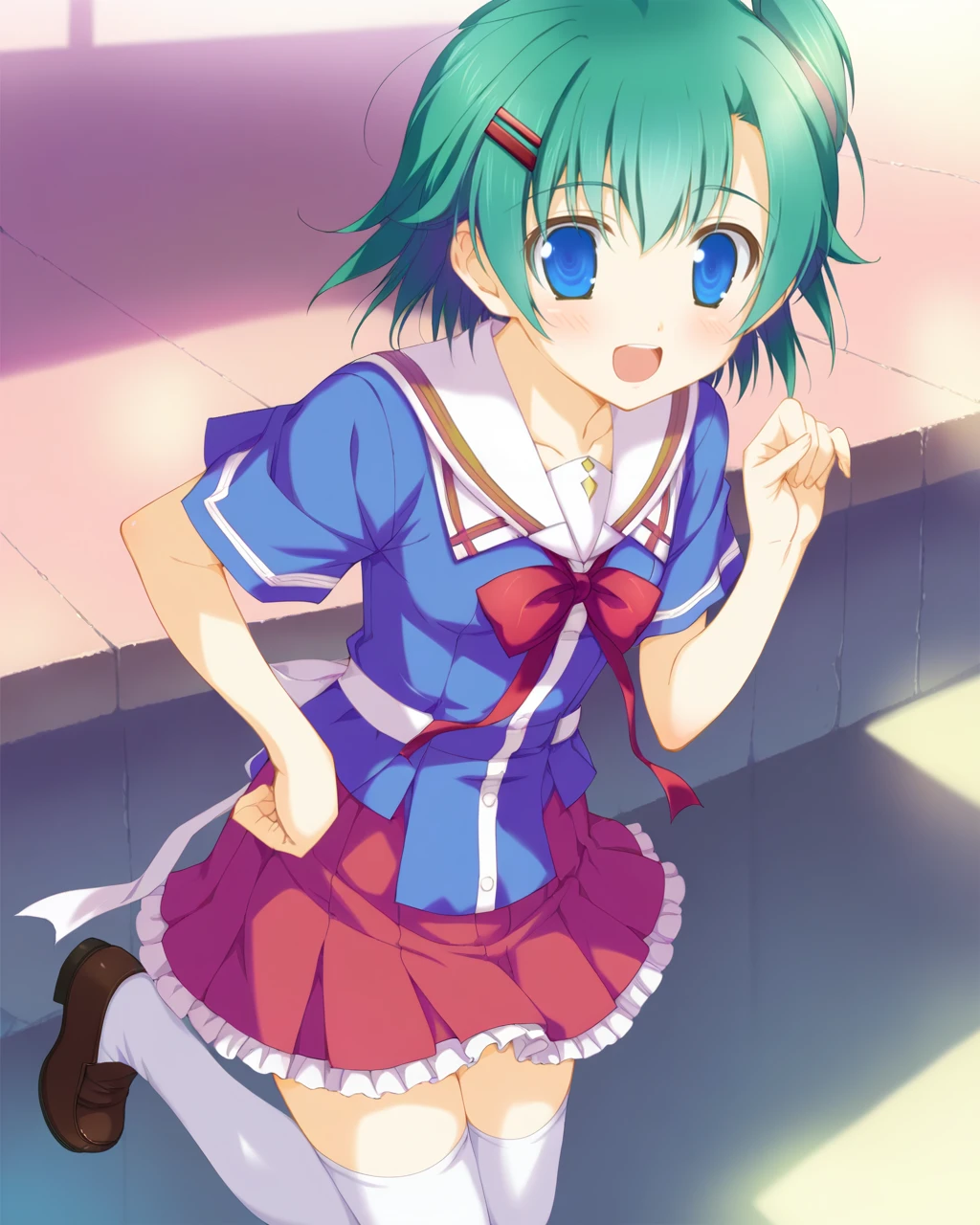 score_9, source_anime, <lora:irosekaclean-000064:1> toumine tsukasa, blue eyes, 1girl, green hair, one side up, short hair, red hairclip, white hair ribbon, small breasts, school uniform, one side up, short hair, white thighhighs, loafers, open mouth, smile, blush, hand on own hip, solo,