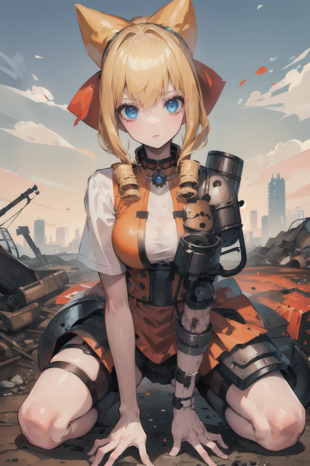 (masterpiece), best quality, expressive eyes, perfect face, 1girl, hair bow, red bow, drill hair, blonde hair, blue eyes, solo, blunt bangs, bow, twin drills, (Post-apocalyptic wasteland background:1.2), (mandarin collar shirt:1.2), (Crouching with one hand on the ground :1), <lora:Victoria-006-000010:0.7>,