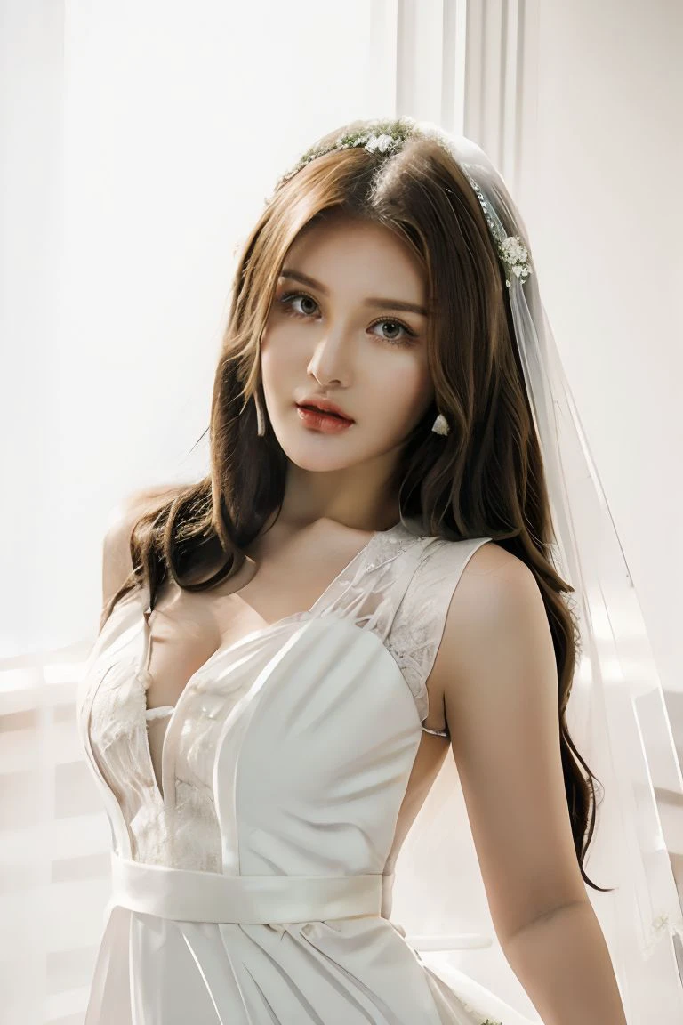 1girl, solo, medium breasts, looking at viewer, realistic, photorealistic, lips, long hair, brown hair, brown eyes, hyper detailed, super sharp, crisp, smooth, smooth gradients, depth of field, (in studio: 1.1), (white background: 1.1), <lora:chenyuxi:1>, <lora:breastsizeslideroffset:-0.25>, <lora:skin_slider_v2_1_FACE:0.5>, <lora:add_detail_v5:1>, (wedding dress, bridal vest)