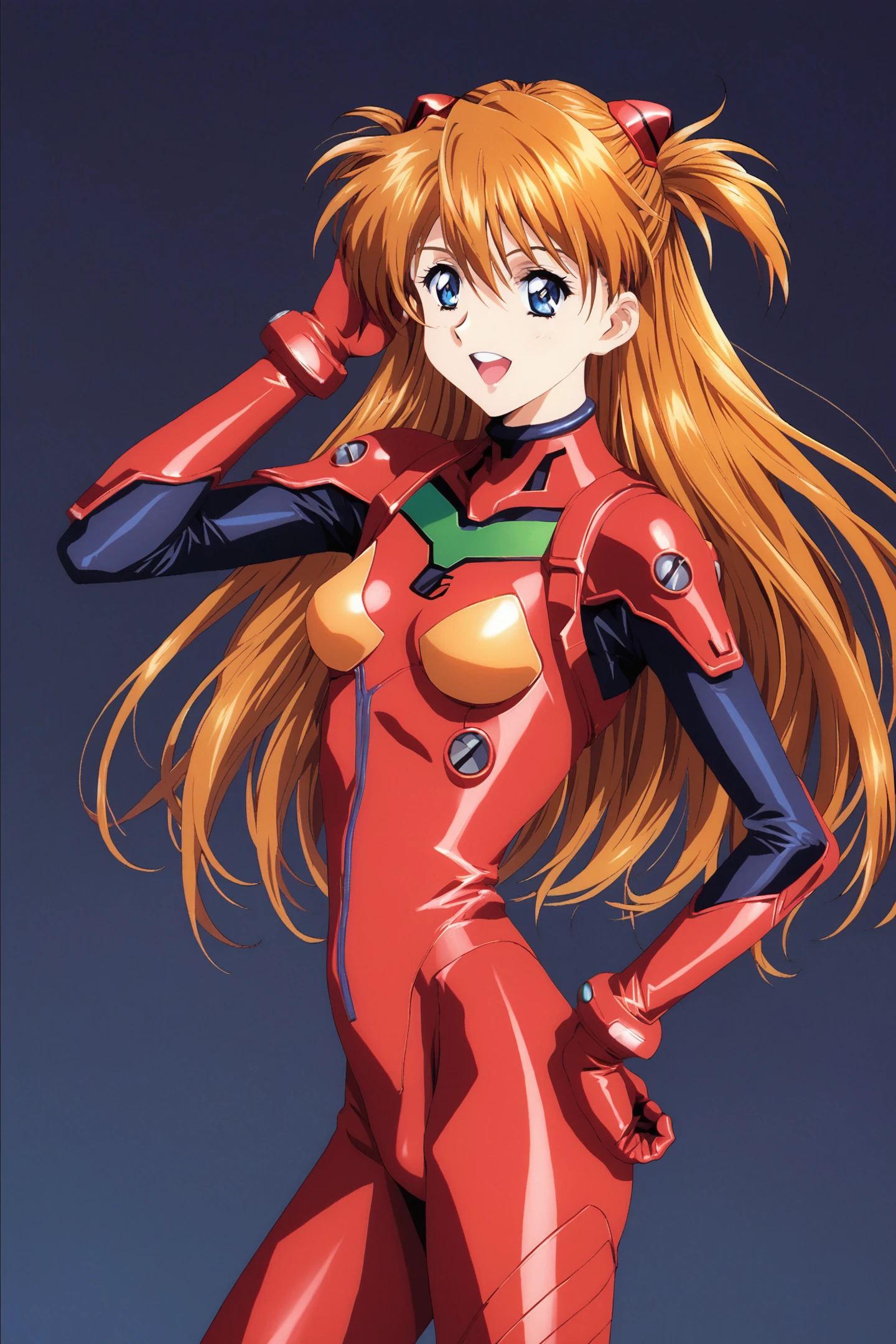 score_9,score_8_up,score_7_up,masterpiece,best quality,absurdres,
1girl,long hair,plugsuit,bodysuit,souryuu asuka langley,pilot suit,bracer,blue eyes,smile,open mouth,breasts,bangs,turtleneck,solo,cowboy shot,:d,hair between eyes,gloves,red bodysuit,small breasts,looking at viewer,headgear,two side up,hand on hip,skinny,adjusting hair,narrow waist,standing,orange hair,science fiction,hand up,shiny clothes,hair ornament,happy,from side,shiny,skin tight,simple background,black background,1990s \(style\),retro artstyle,
<lora:Koh Kawarajima_XL_PONY:0.8>,