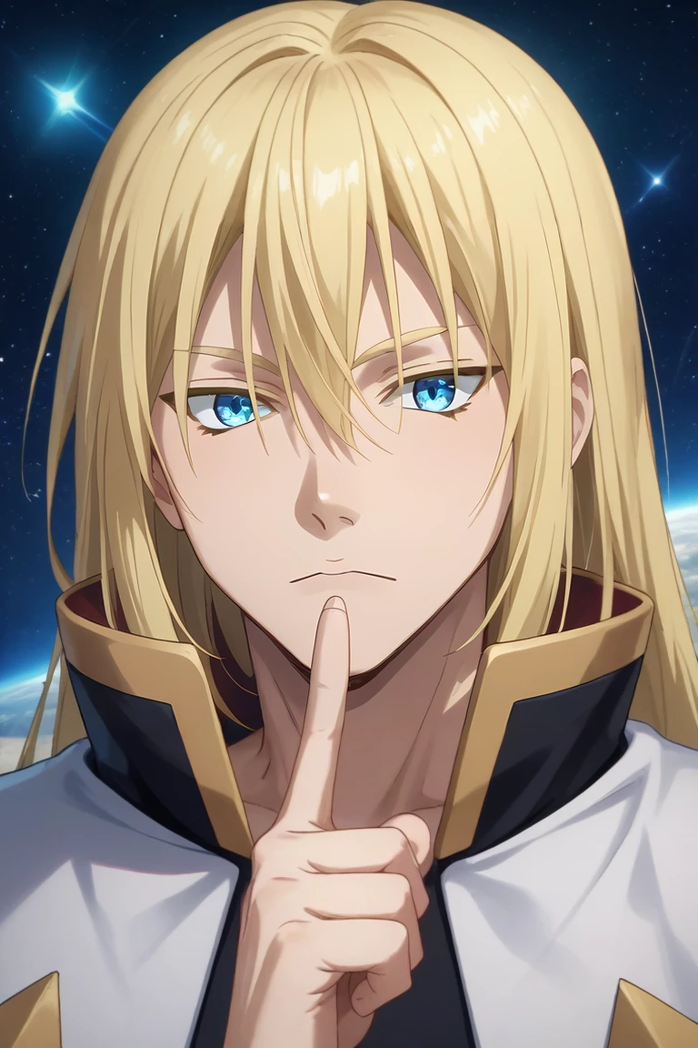 score_9, score_8_up, score_7_up, source_anime, rating_safe, , , looking at viewer, , 1boy, solo, male focus, <lora:leon_cromwell_pony:0.76>, leon_cromwell, blonde hair, blue eyes, long hair, hair between eyes, rule of thirds, space, planets, dawn, index finger raised, relaxed, , <lora:sdxl_lightning_8step_lora:1>