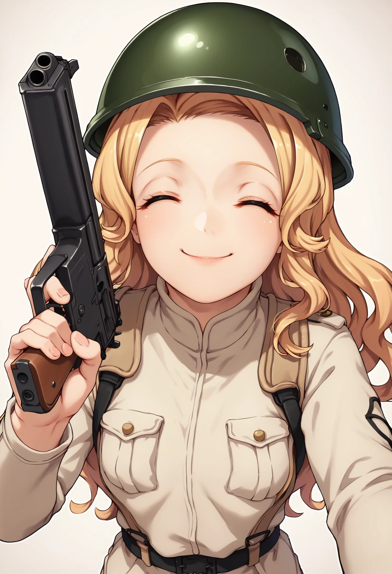 score_9, score_8_up, score_7_up, BREAK, <lora:kanankurisuv1:1>, kanankurisu, blonde hair, closed eyes, long hair, wavy hair, small breasts, gun, holding gun, military uniform, helmet, smile, pov,