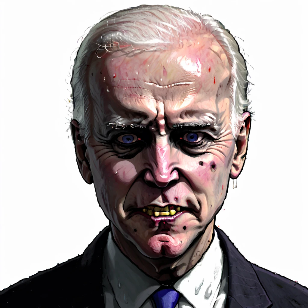 Joe Biden, strong shadows, tired, bags under eyes,  flat colors, angry, <lora:XL_justaworm_v1:1.4>, justaw0rm, ((sweat)), (greasy), solo, portrait, white background, simple background,