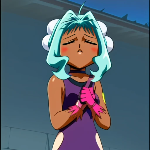 hair bun, gloves, bun cover, double bun, closed eyes, retro artstyle, dark skin, solo, dark-skinned female, 1girl