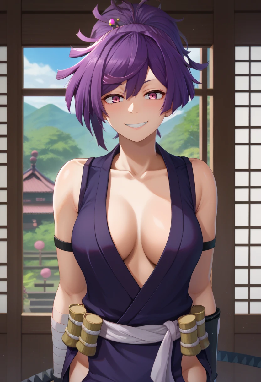 score_9,score_8_up,score_7_up,score_9,4k,HD,8k,highres,antialiasing,detailed,texture,cinematic lighting BREAK <lora:Yuzuriha:1>,Yuzuriha,1girl,solo,looking at viewer,smile,cleavage,purple eyes,medium breasts,ponytail,purple hair,hip vent,bandaged arm,japanese clothes,bandages,ninja,cowboy shot,room,arm guards,collarbone,