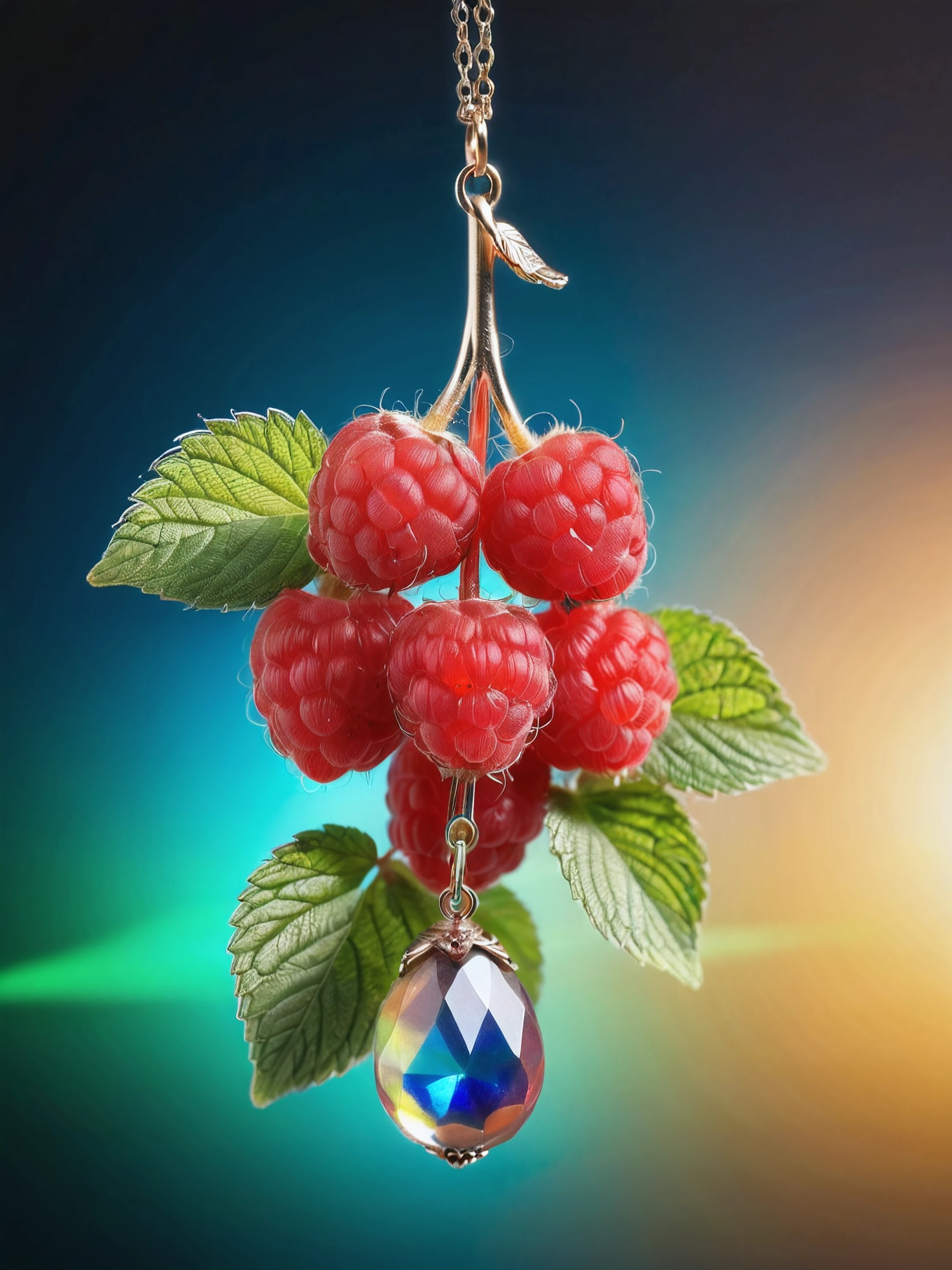 a delicate cluster of (raspberry: 1.19) (hanging from stem) (iridescent) (made of opal: 1.19), (divine iridescent glowing: 1.39), (opalescent textures: 1.09), growing in the early morning light, (wet: 0.49). in the background beautiful valleys, , volumetric light, ethereal, sparkling, studio photo, highly detailed, sharp focus