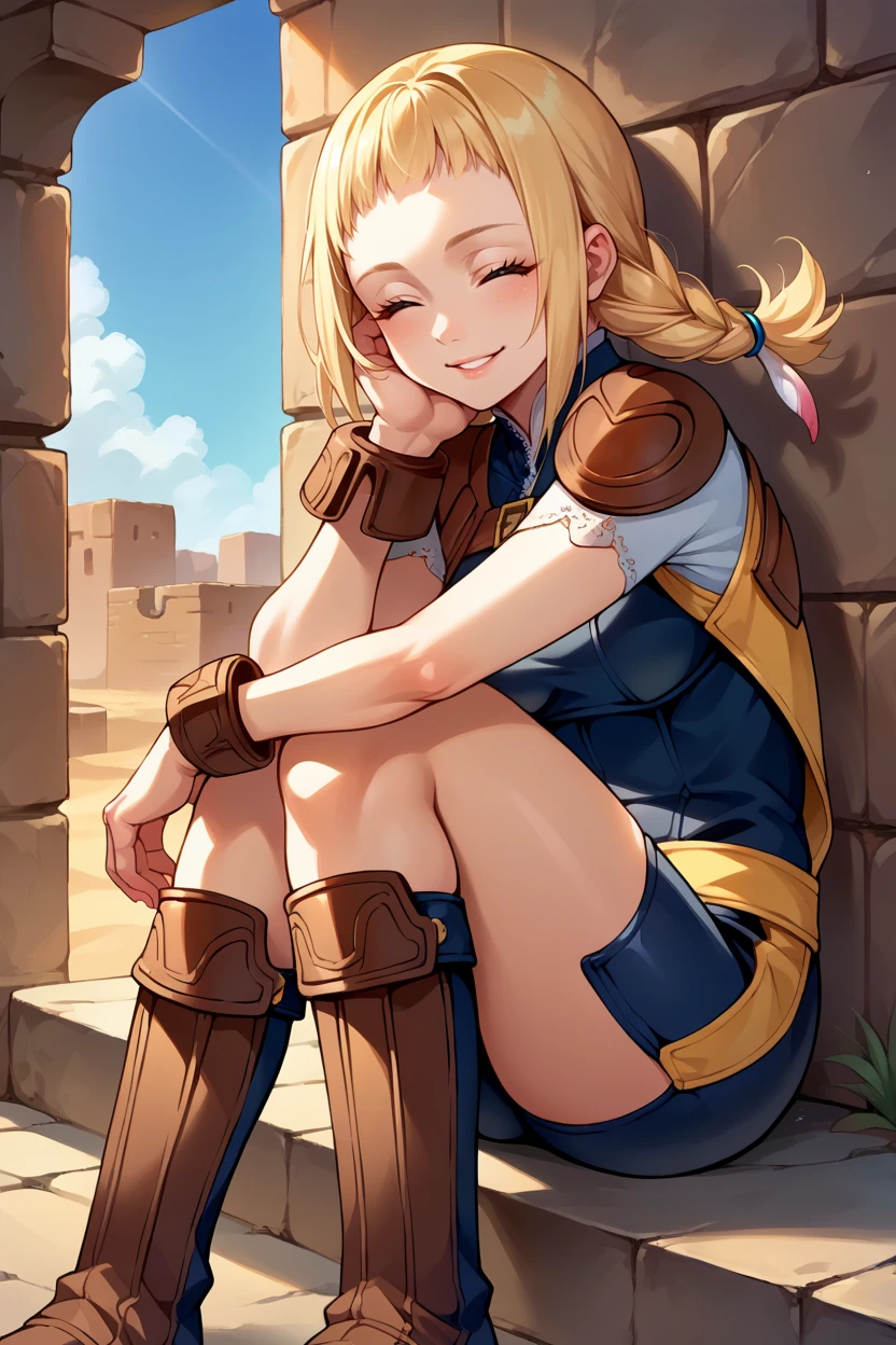 score_9, score_8_up, score_7_up, score_6_up, source_anime, BREAK 1girl, solo, <lora:penelo-pdxl-nvwls-v1-000005:1> defPenelo, blonde hair, twin braids, bodysuit, shoulder pads, brown boots, bracelets, sitting, stone wall, desert, looking at you, smile, closed eyes, happy