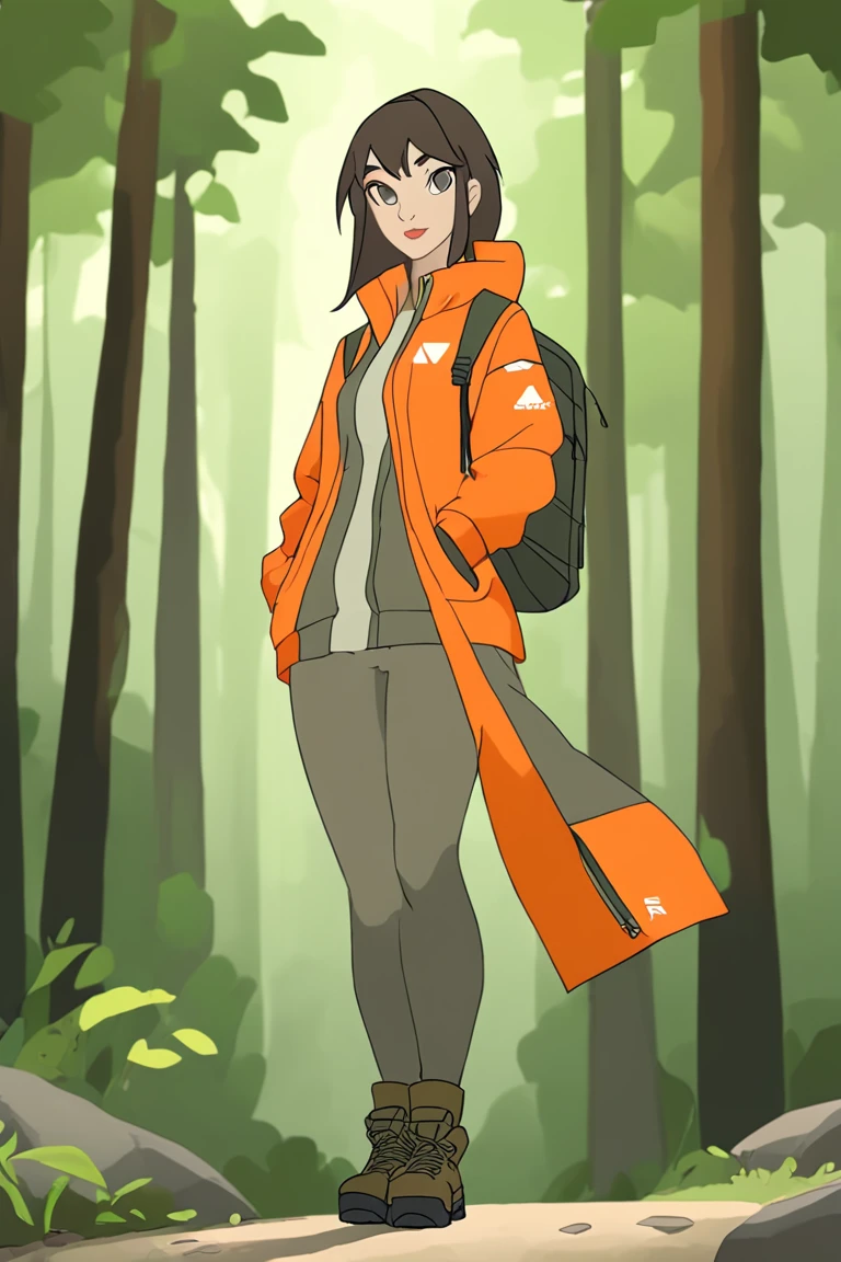 Women's lightweight hiking jacket, functional, sleek, outdoor Footwear and apparel brand, sleek, tech, urban versatility, forest, modern, sustainable, clean, simple, graphic logo, orange and gray, 4k
,Spec Style<lora:EMS-381670-EMS:1.000000>