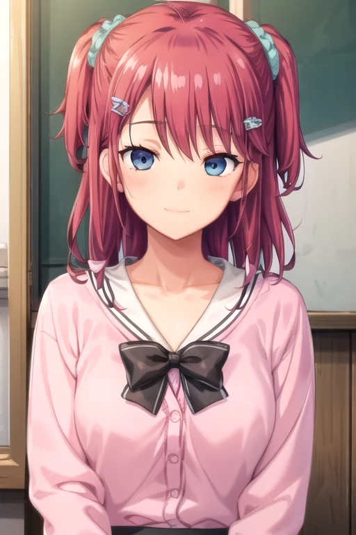 ((masterpiece)),(best quality),official art,extremely delicate and beautiful,extremely detailed CG,unity 8k wallpaper,ultra detailed,beautiful detailed eyes,extremely detailed face,outdoors,1girl,solo,upper body,(portrait:1.5),looking at viewer,facing viewer,smile,Koorogi Maya,long hair,pink hair,two side up,hairclip,hair ornament,hair scrunchie,blue scrunchie,sidelocks,hair between eyes,bangs,blue eyes,collarbone,school uniform,white sailor collar,pink cardigan,black bowtie,long sleeves,medium breasts,black skirt,pleated skirt,white thighhighs,bow legwear,loafers,brown footwear,<lora:Koorogi Maya(sdg2):0.8>,