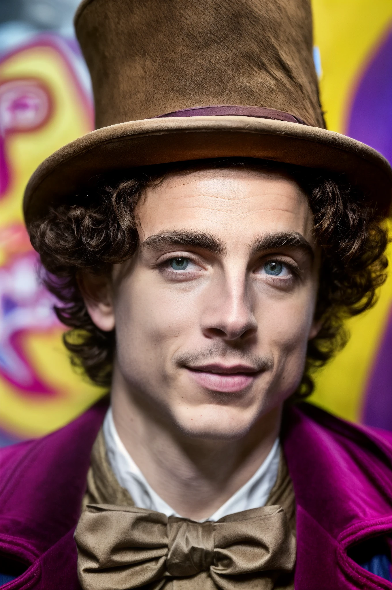 solo, face shot, portrait, looking at viewer, perfecteyes, Wonka, the mad hatter is wearing a purple jacket and bow tie