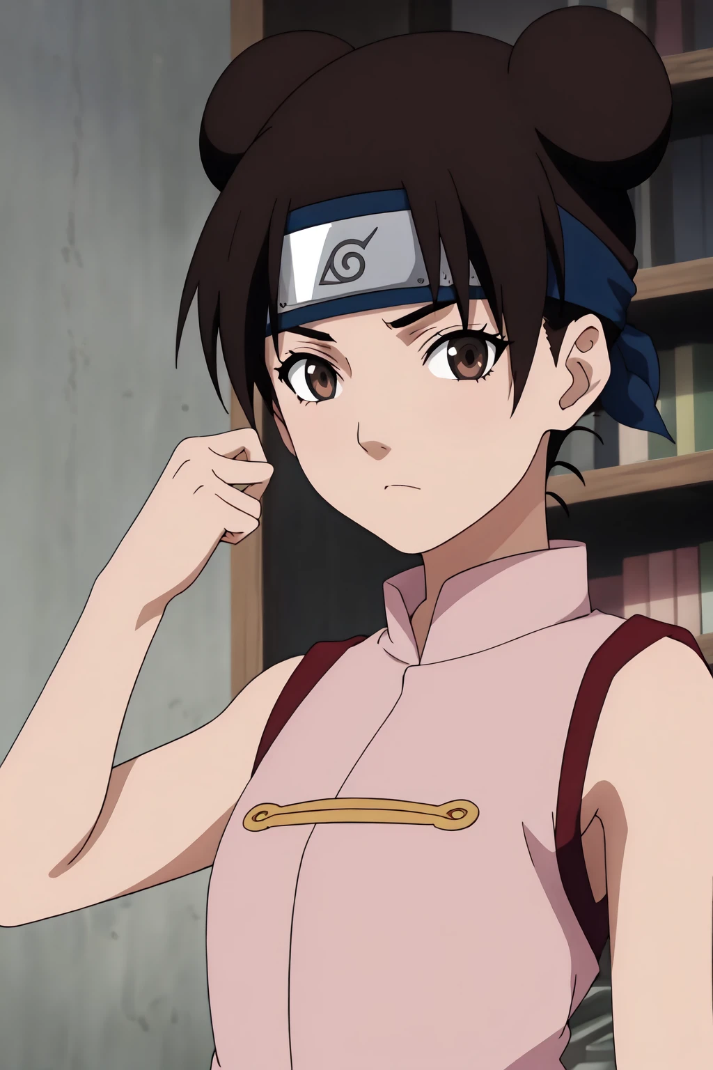 tenten, 4k, absurd, high resolution, very high resolution, high definition, masterpiece, anime_source, 2 bows, short brown hair, "pink sleeveless shirt", girl, upper body, looking_at_viewer<lora:EMS-383091-EMS:0.800000>