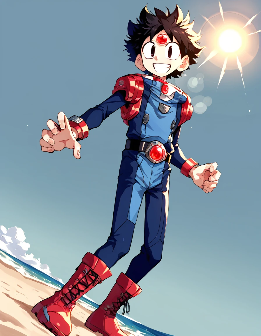 score_9, source_anime, rating_safe BREAK 1boy, solo,
kanata,  black hair, short hair, black eyes, big eyes, wide-eyed, messy hair, spiked hair, silver armer, silver shoulder arms, black long sleeve, chest round red gem,forehead round red gem, belt round red gem, blue and white bodysuit, emblem, badge, red boots,
beach shore, sunny, barefoot, smile, sunbeam, lens flare <lora:ichibanyu-no-kanata:4.5>