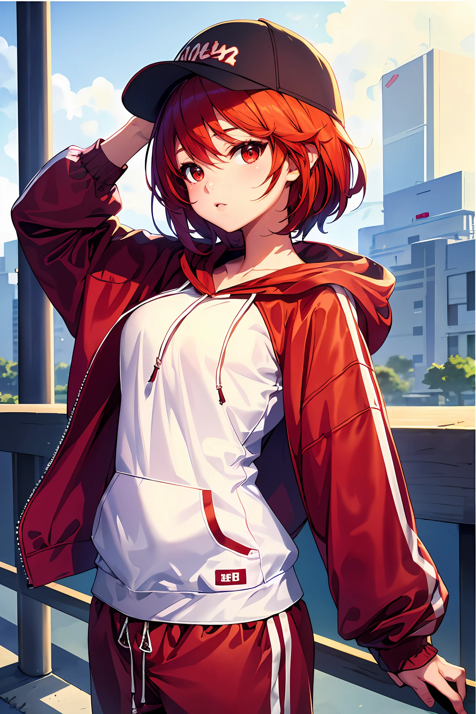 masterpiece, best quality, anime, bishojo, 1girl,solo, upper body, looking at viewer, middle breasts, slender, short hair, red hair,red eyes, hairband, ((Sporty Look: Hooded sweatshirt, jogger pants, baseball cap.)) <lora:summon:0.6>