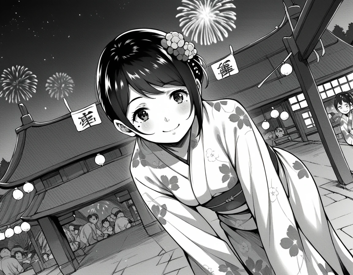 score_9, score_8_up, score_7_up, source_anime,
natsutojun, <lora:jorori-natsu-manga-ponyxl-lora-nochekaiser:1>,
natsu to jun, short hair, bangs, hair ornament, mole, mole under eye, swept bang, monochrome, greyscale,
long sleeves, japanese clothes, kimono, sash, obi, floral print,
outdoors, shrine, night, fireworks, festival, bent over, smile,
looking at viewer, solo, cowboy shot, dutch angle,