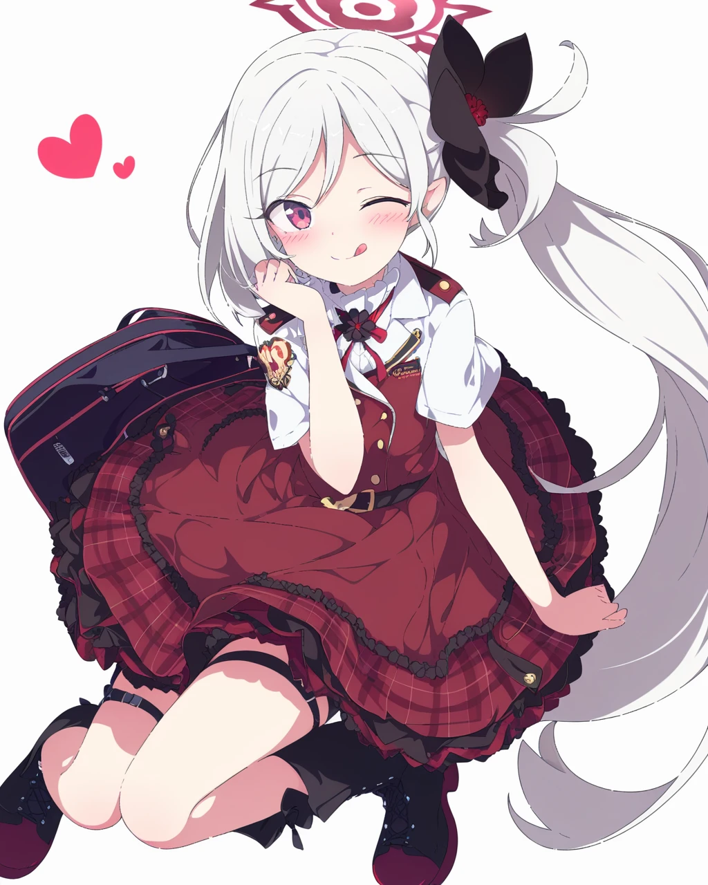 ogipote,1girl,mutsuki (blue archive),side ponytail,halo,one eye closed,tongue out,bag,solo,tongue,long hair,boots,white hair,skirt,white background,simple background,heart,looking at viewer,black bag,purple eyes,frilled skirt,thigh strap,hair ornament,frills,plaid,full body,smile,short sleeves,red skirt,plaid skirt,black footwear,;q,school uniform,blush,flower,very long hair,