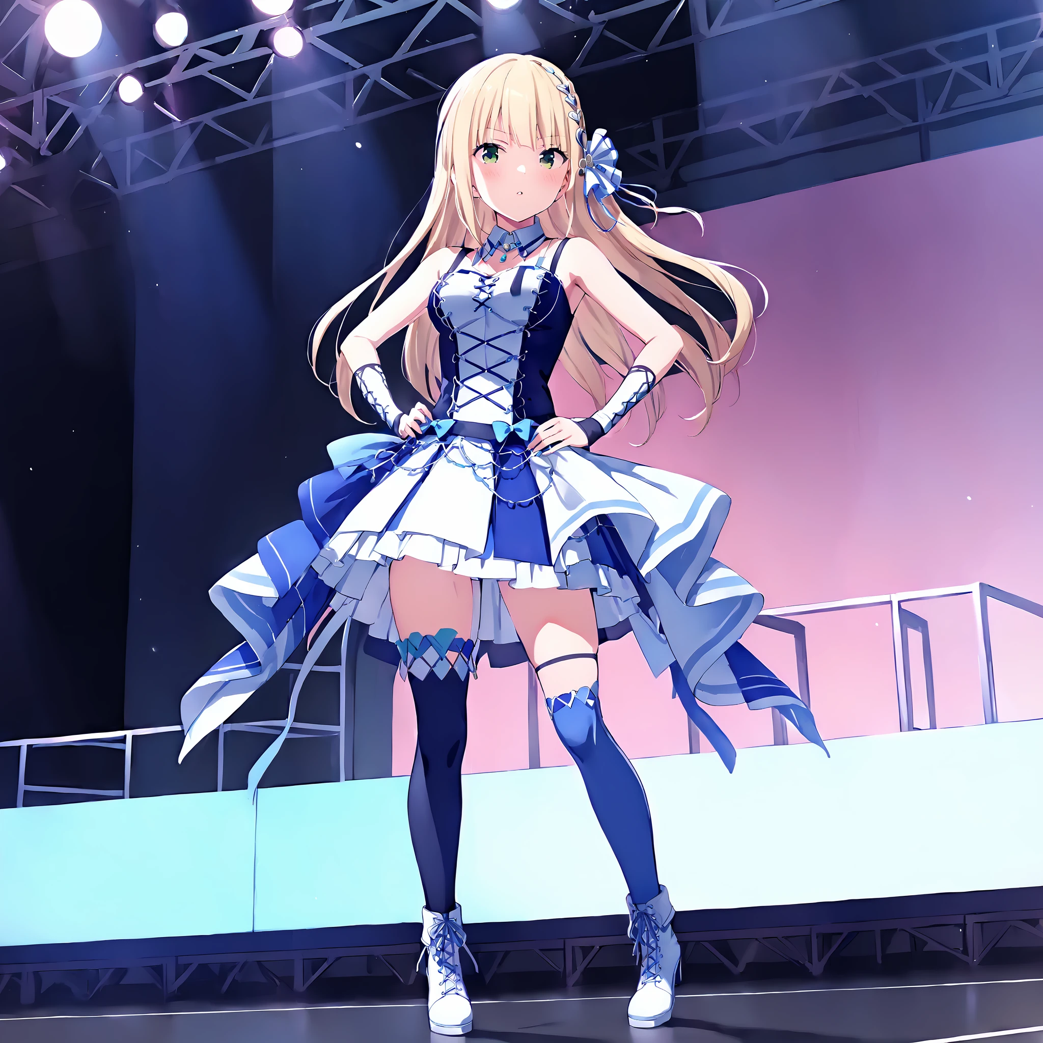 (masterpiece:0.7),ichinoserei2,1girl,ie2 idol cloths,ie2 hair ornament,ie2 cross-laced footwear,ie2 asymmetrical legwear,hands on hips,solo,<lora:IchinoseRei:0.85>,on stage,green eyes,