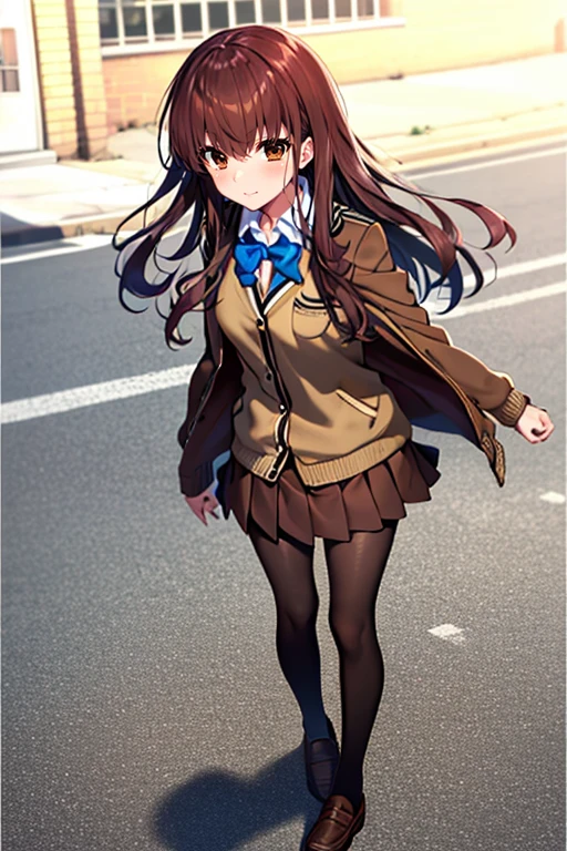 masterpiece, 
solo, front view, 
1girl, standing, looking_at_viewer, 
<lora:hakunon_v4:1>, hakunon, kishinami hakuno \(female\), brown hair, (brown eyes:1.4), long hair, straight_hair, bangs, hime cut, school uniform, jacket, brown jacket, long sleeves, bowtie, blue bow, blue bowtie, skirt, pleated_skirt, miniskirt, brown skirt, black_pantyhose, pantyhose, shoes, brown footwear, loafers,