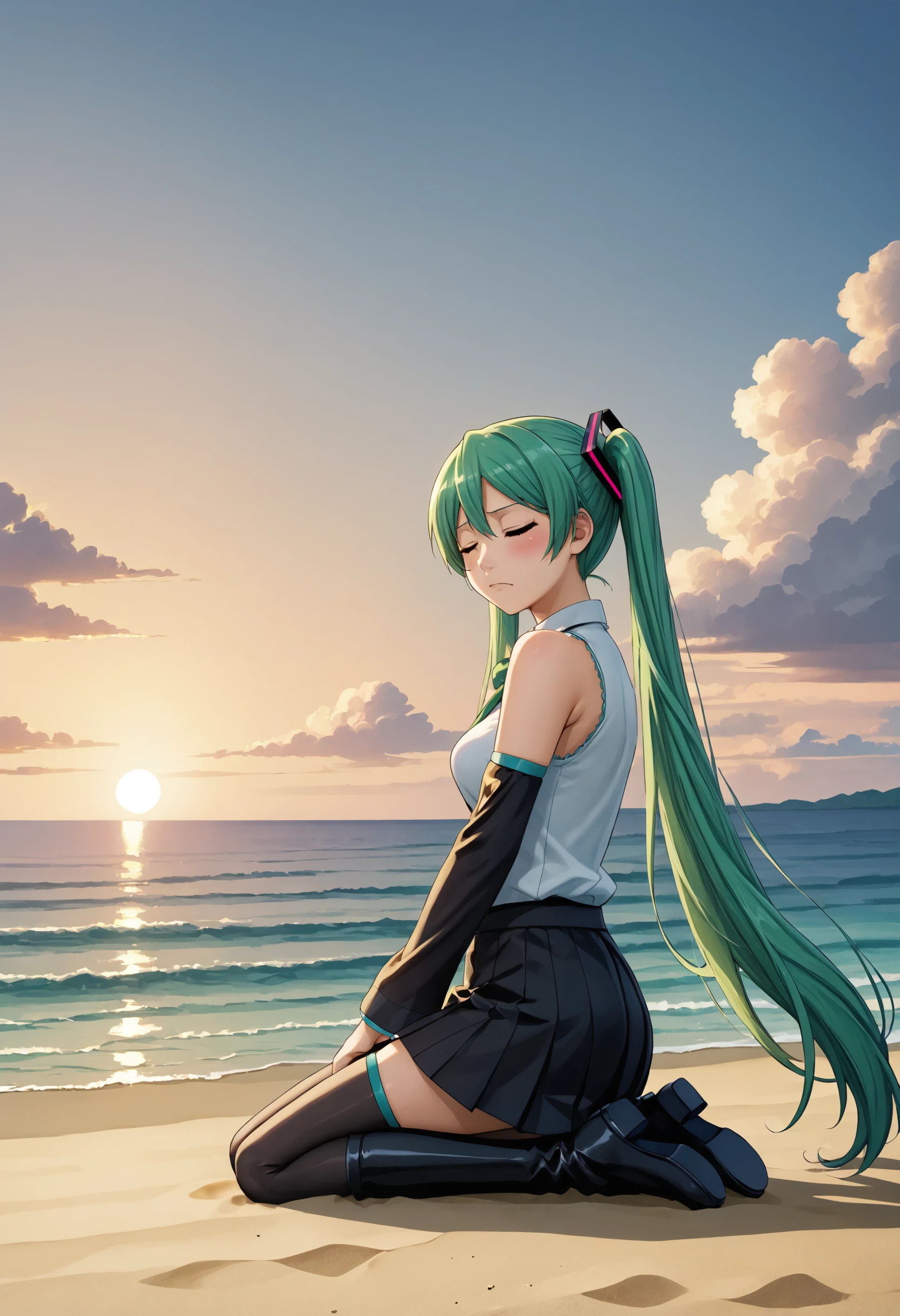 score_9, score_8_up, score_7_up, score_6_up, detailed, realistic, 1girl, hatsune miku, solo, black skirt, white collared shirt, green hair, green tie, head tilt, extremely long twintails, closed eyes, thighhighs boots, kneeling, sitting, from side, black detached sleeves, beach, sunset, wind, floating hair, pink sky, dimly lit, clouds, rim lighting, looking away
BREAK
Sekai de ichiban ohime-sama,
sou iu atsukai kokoroete yo ne,
Sono ichi itsumo to chigau kamigata ni ki ga tsuku koto,
sono ni chanto kutsu made miru koto,
ii ne,
sono san watashi no hitogoto ni ha mittsu no kotoba de,
henji suru koto,
wakattara migite ga orusu nano wo,
nantoka shite,
Betsu ni,
wagamama nante ittenaindakara,
KIMI ni kokoro kara omotte hoshii no kawaiitte,
Sekai de ichiban ohime-sama,
ki ga tsuite nee nee,
mataseru nante rongai yo,
watashi wo dare to omotteru no,
mou nanda ga amai mono ga tabetai,
ima sugu ni yo,
Ketten kawaii no machigai desho,
monku ha yurushimasen no,
ano ne, watashi no hanashi chanto kiiteru,
chotto...,
a, sore to ne shiroi ouma-san,
kimatteru deshou,
mukae ni kite,
wakattara kashizuite,
te wo totte "ohime-sama" tte,
Betsu ni,
wagamama nante ittenaindakara,
demo ne,
sukoshi kurai shikattekuretatte ii no yo,
Sekai de watashi dake no ouji-sama,
ki ga tsuite hora hora,
otete ga aitemasu,
mukuchi de buaisouna ouji-sama,
mou doushite!? ki ga tsuite yo hayaku,
Zettai KIMI ha wakattenai,
wakattenai wa...,
Ichigo no notta SHO-TO KE-KI,
kodawari tamago no torokeru PURIN,
minna minna gaman shimasu...,
wagamamana ko da to omowanaide,
watashi datte yareba-dekiru mon,
ato de koukai suruwa yo,
Touzen desu! datte watashi ha,
Sekai de ichiban ohime-sama,
chanto mitete yo ne,
dokoka ni icchau yo,
fu ni dakishimerareta,
kyuu ni sonna! e,
"hikareru abunai yo,"
sou itte soppo muku KIMI,
...kocchi no ga abunai wa yo,