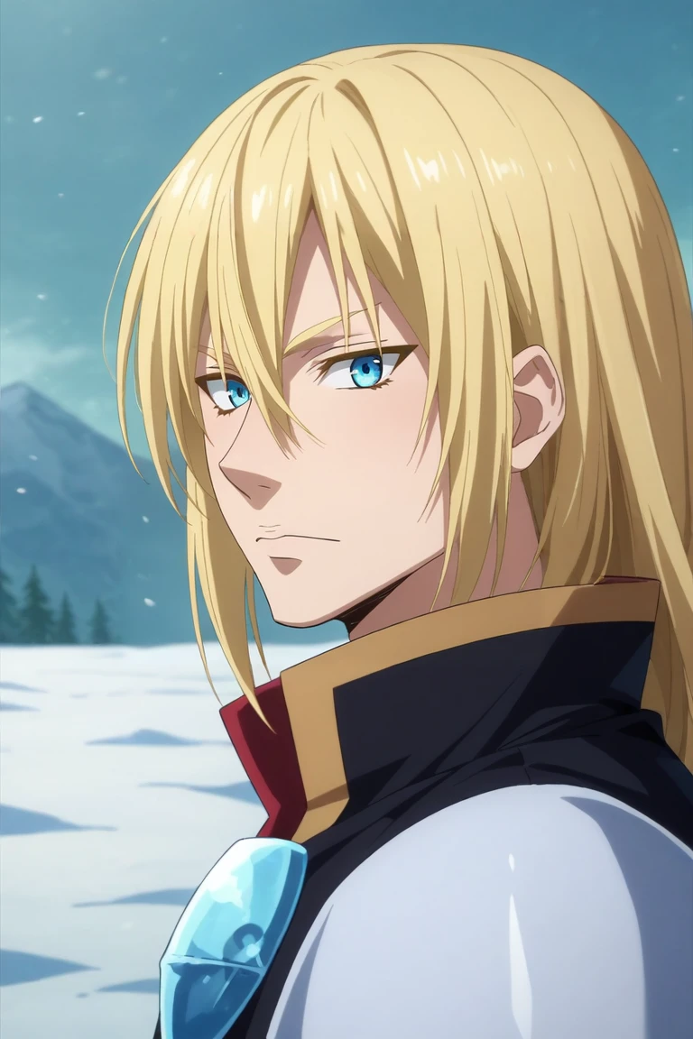 score_9, score_8_up, score_7_up, source_anime, rating_safe, , semi-realistic, looking at viewer, , 1boy, solo, male focus, <lora:leon_cromwell_pony:0.84>, leon_cromwell, blonde hair, blue eyes, long hair, hair between eyes, from side, snowy field, dark, looking back, distracted, aloof, oblivious, candy costume, <lora:sdxl_lightning_8step_lora:1>