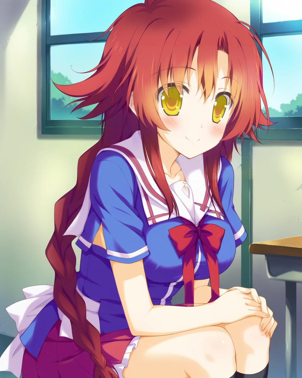 score_9, source_anime, <lora:irosekaclean-000064:1> minami kana, yellow eyes, red hair, ahoge, hair flaps, long hair, large breasts, twin braids, school uniform, solo, smile, blush, hands on own knees,BREAK indoors,