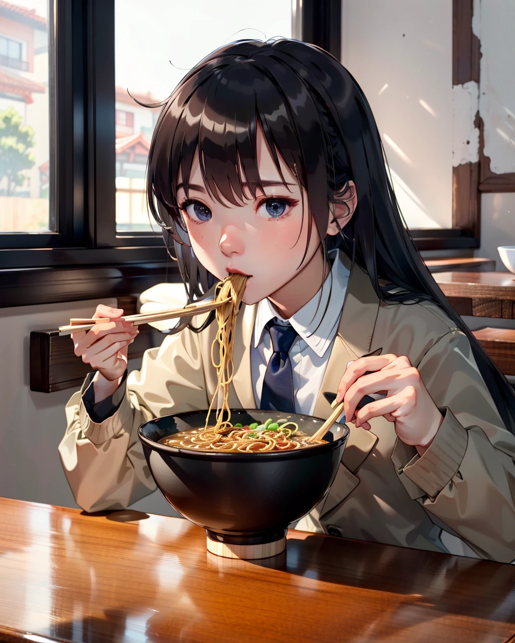 best quality,masterpiece,highly detailed,ultra-detailed, 
 <lora:neg9V2_last:0.7>    <lora:anime-minimalist:0.7> holdng bowl,
 <lora:eatingramen:1>   eating ramen,  window shade, wooden table,
school uniform, blazer,