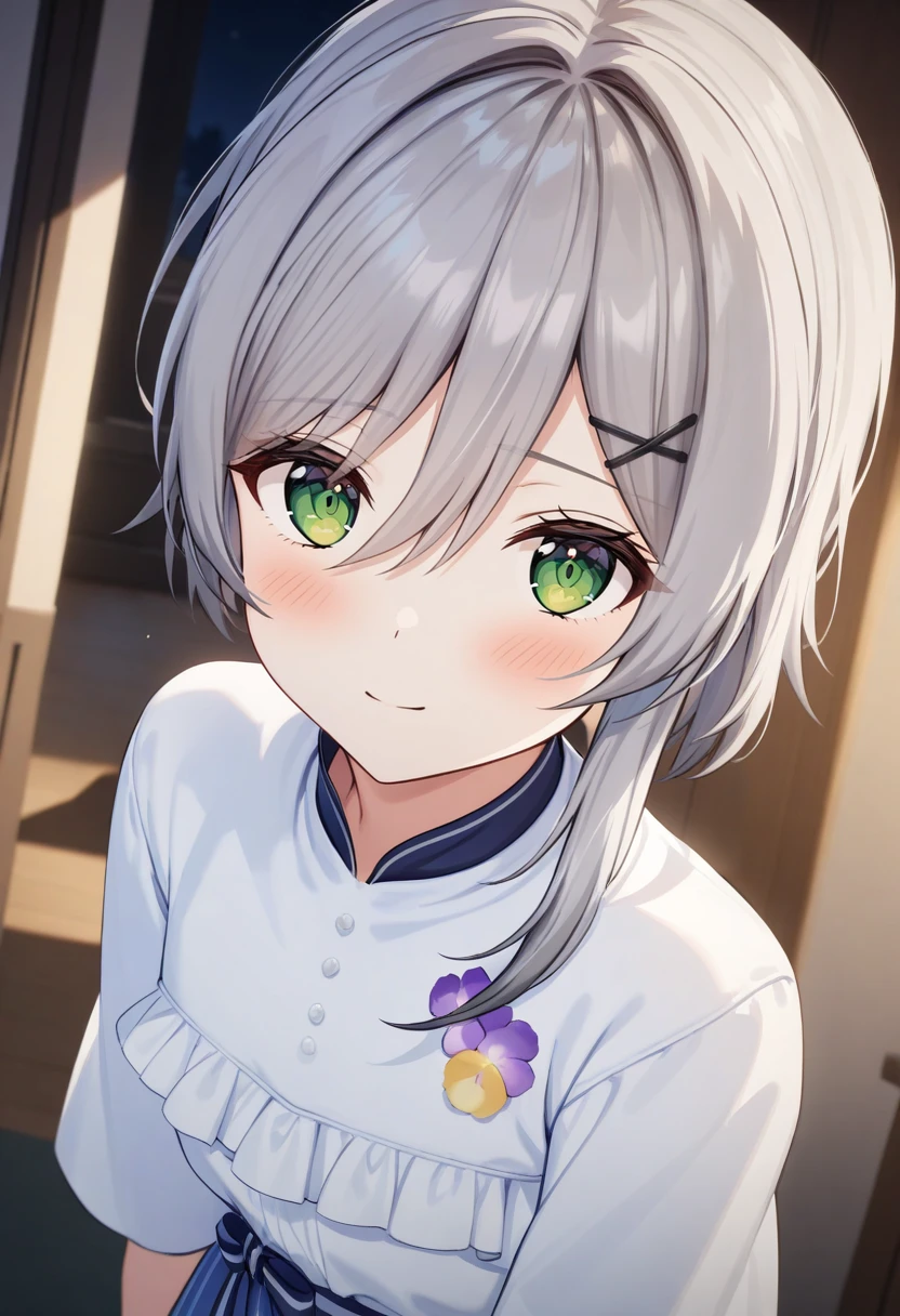 Yuika21,looking at viewer,blue skirt,blush,adore,light smile,shadow,
night,room,close-up,portrait, 
<lora:Yuika:1>,, cinematic light,masterpiece,best quality,very aesthetic,absurdres,incredibly absurdres,<lora:add_detail:1>,