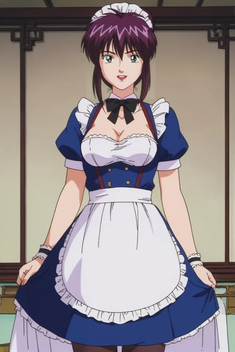 best quality,masterpiece,looking at viewer,absurdres,1girl,score_9,score_8_up,score_7_up,source_anime BREAK <lora:023-ä¸åå°å½å®¶-é¢ä¸½XLV1:0.8>,retro artstyle,1990s \(style\),yanli,black eyes,purple hair,single hair bun,sidelocks,breasts,maid,suspenders,pantyhose,lace gloves,