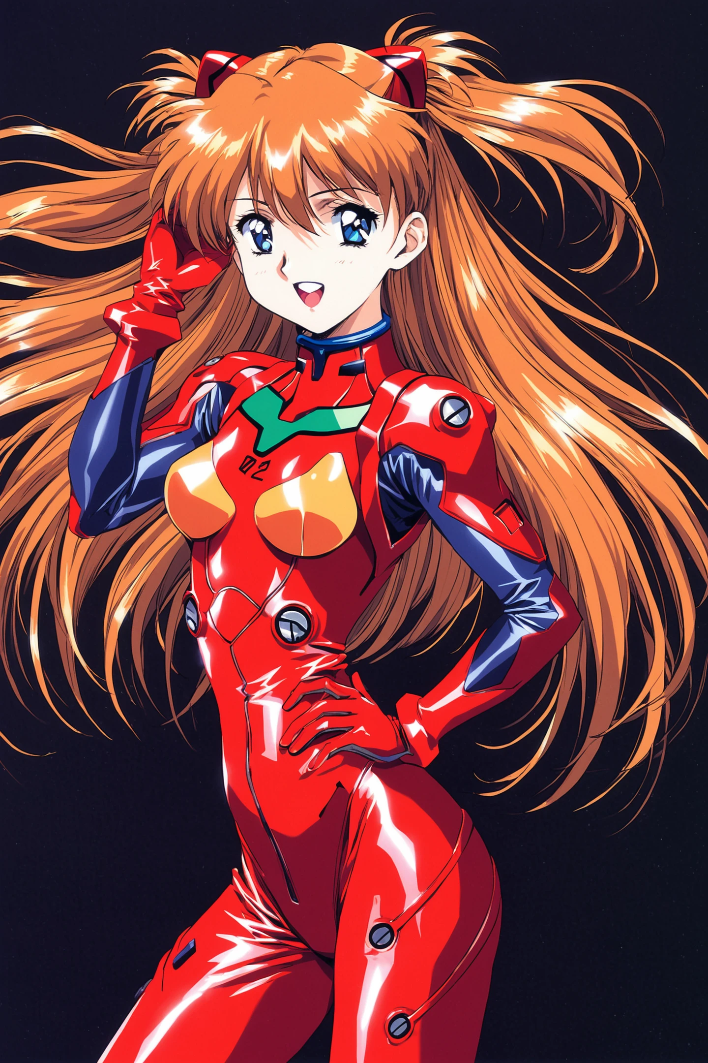 1girl,long hair,plugsuit,bodysuit,souryuu asuka langley,pilot suit,bracer,blue eyes,smile,open mouth,breasts,bangs,turtleneck,solo,cowboy shot,:d,hair between eyes,gloves,red bodysuit,small breasts,looking at viewer,headgear,two side up,hand on hip,skinny,adjusting hair,narrow waist,standing,orange hair,science fiction,hand up,shiny clothes,hair ornament,happy,from side,shiny,skin tight,simple background,black background,,1990s \(style\),retro artstyle,<lora:Koh Kawarajima_XL:0.8>,