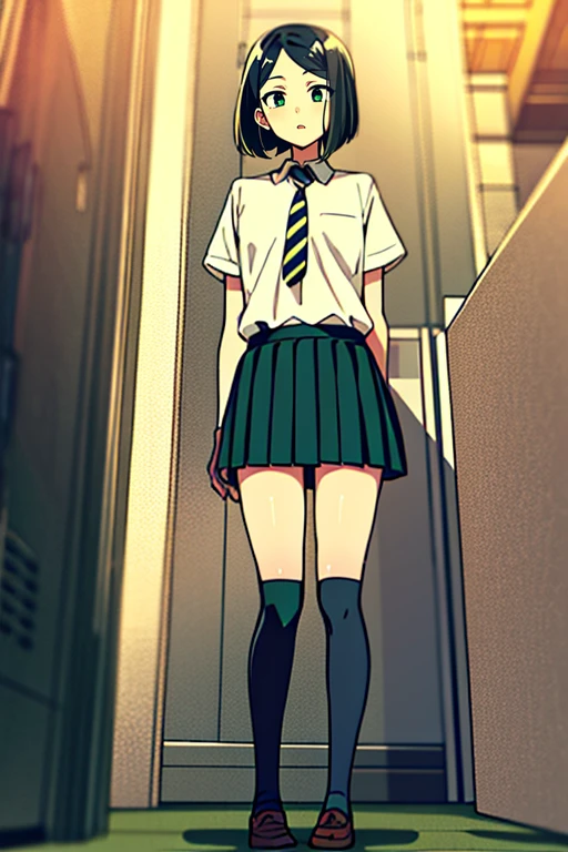 masterpiece,
solo, front view,
1girl, standing, looking_at_viewer,
<lora:woman_of_el-melloi_v4:1>, woem, waver velvet, bangs, black hair, bob cut, genderswap, genderswap (mtf), green eyes, short hair, parted bangs, school uniform, necktie, skirt, miniskirt, pleated skirt, shoes, socks, thighhighs, zettai ryouiki,