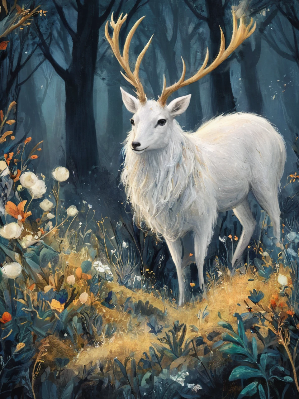 concept art  . digital artwork, illustrative, painterly, matte painting, highly detailed, bluehour  nature  forest  (A touch of surrealism)  (in the style of Salvador Dali)  , hyper detailed, fantasy landscape, dreamlike, fog, vivid colors, closeup of a very fluffy white albino deer, intricate horns dusted with gold and covered in flowers, lush foliage, splashes of teal and orange colors, dreamy atmosphere, dawn or dusk light, glowing flowers and plants, colorful leaves, serene, 4k masterpiece
<lora:é²åä¸æ´¾@SDXLå¿ç«¥ç»æ¬:1>,Children's picture books,