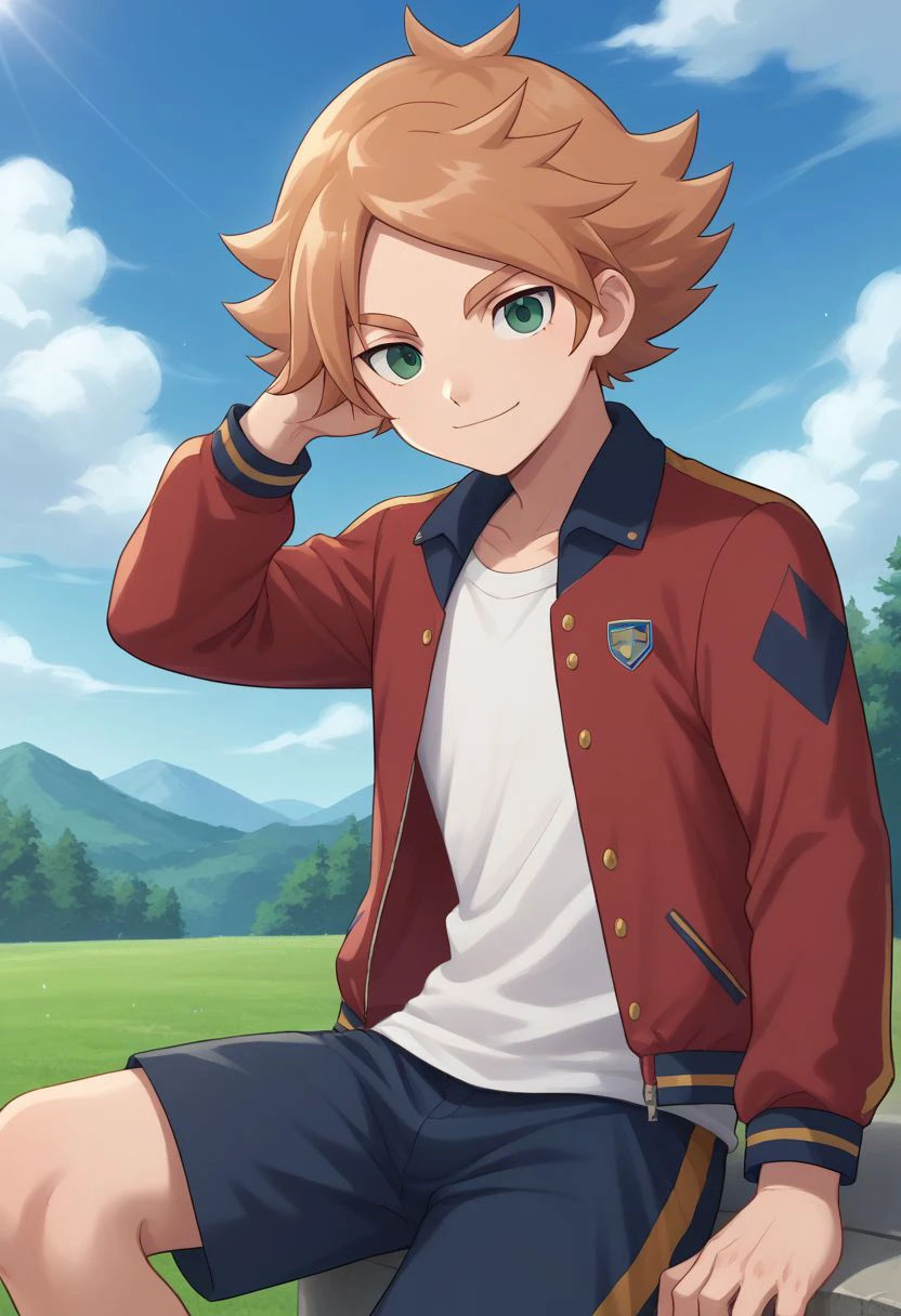 score_9, score_8_up, source_anime, highly detailed, 1boy, solo, male_focus
aiden, 1boy, male focus, solo, orange hair, jacket, red jacket, shorts, smile, looking at viewer, green eyes, sky, open jacket,
outdoor,