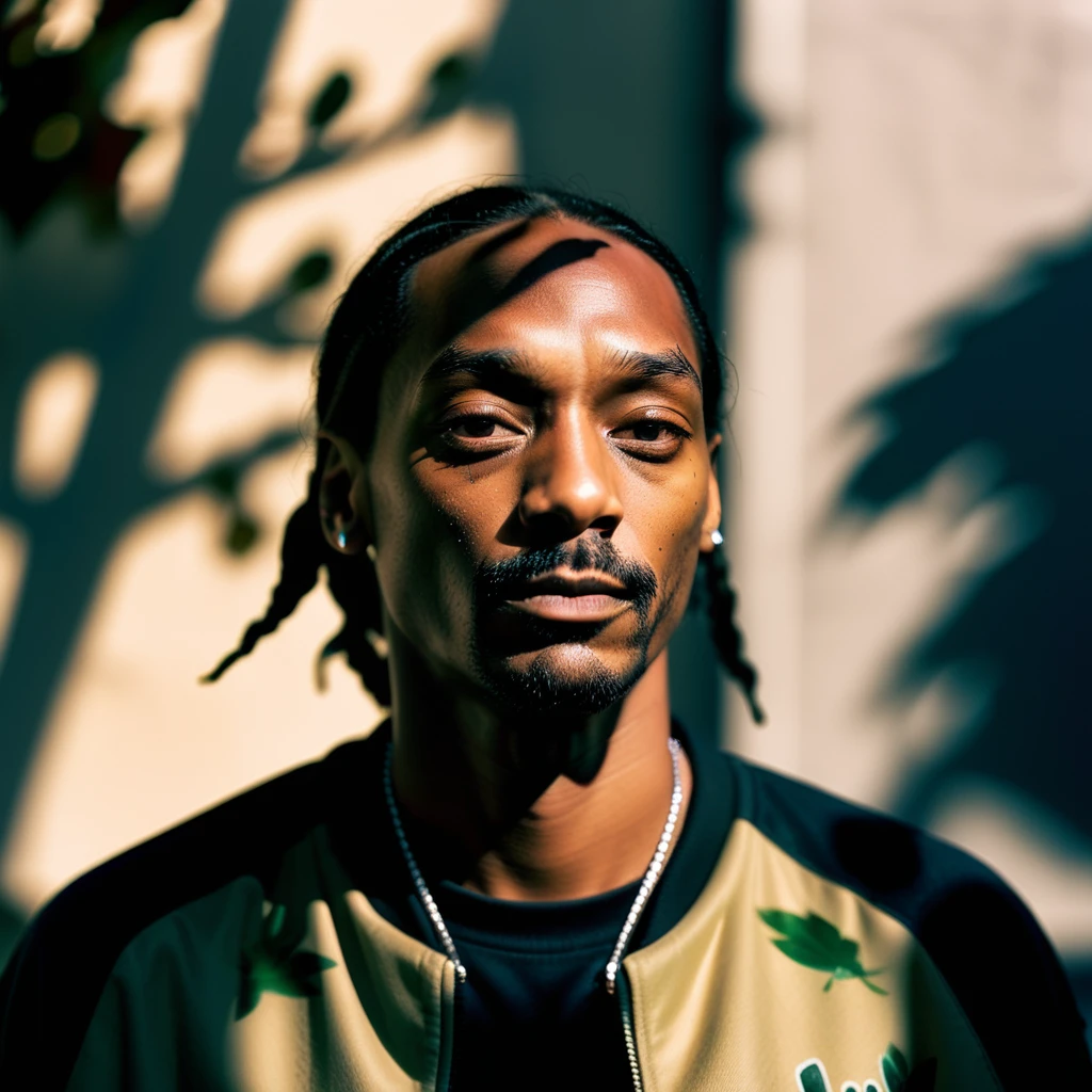 Snoop Dogg street photo shadow of leaves on face <lora:streephoto:0.65>