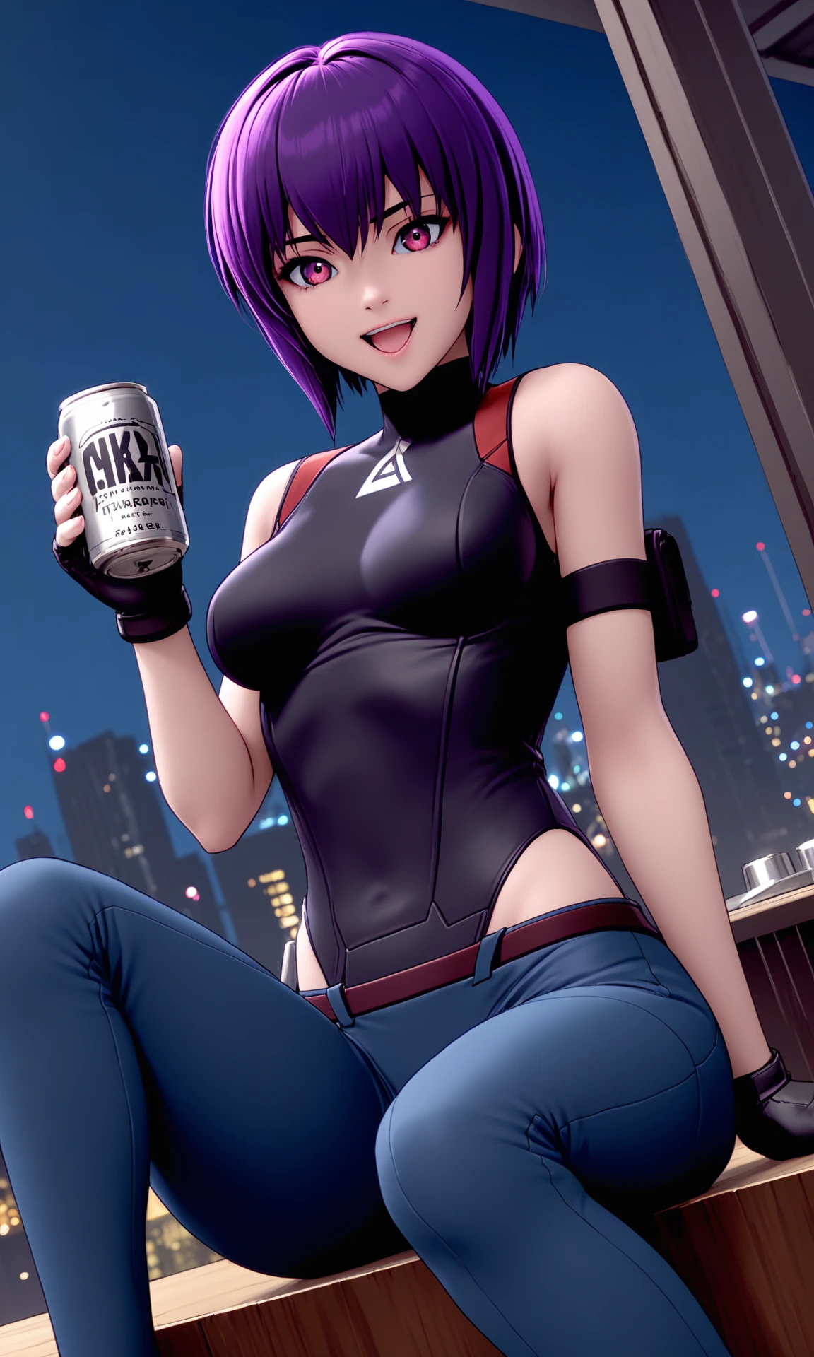 (masterpiece:1.2), (best quality:1.2), newest, (intricate details, very aesthetic, highres), good hands, 1girl, <lora:sd_xl_dpo_lora_v1-128dim:1>, <lora:motoko_2045:1> motoko2045xl, purple hair, short hair, lips, cyborg, pink eyes, medium breasts, fingerless gloves, black gloves, black leotard, highleg leotard, hip vent, blue pants, arm strap, bare shoulders, belt, kusanagi motoko, sitting, knees up, cityscape, city lights, night, looking at viewer, :d, happy, beer can, dutch angle,