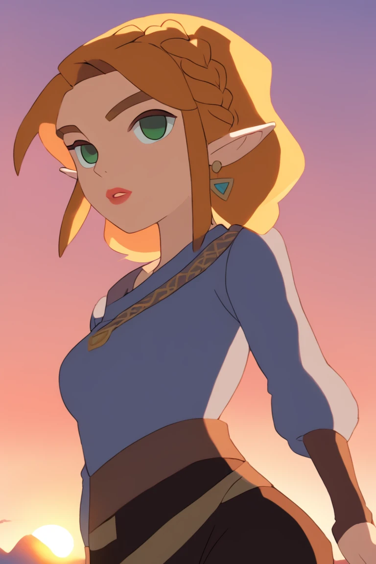 solo, 1girl, totkzeldadef, zelda,parted lips, looking away, crown braid, hairclip, pointy ears, green eyes, thick eyebrows, blue shirt, long sleeves, black gloves, fingerless gloves, black pants, tight pants, belt, sunset,
,Spec Style<lora:EMS-367949-EMS:0.800000>, <lora:EMS-381670-EMS:1.000000>