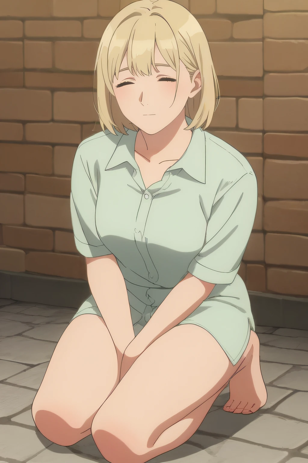 (masterpiece, best quality, high quality, highres, ultra-detailed), hitoka yachi,  1girl, chibi,solo, blush, short hair, blonde hair, hair ornament, brown eyes, wavy mouth, masterpiece, expensive quality, very_expensive_solve, big_file size, full color,(completely nude:1.2),pussy,niplles,anime color,(),spread legs,cum drip,