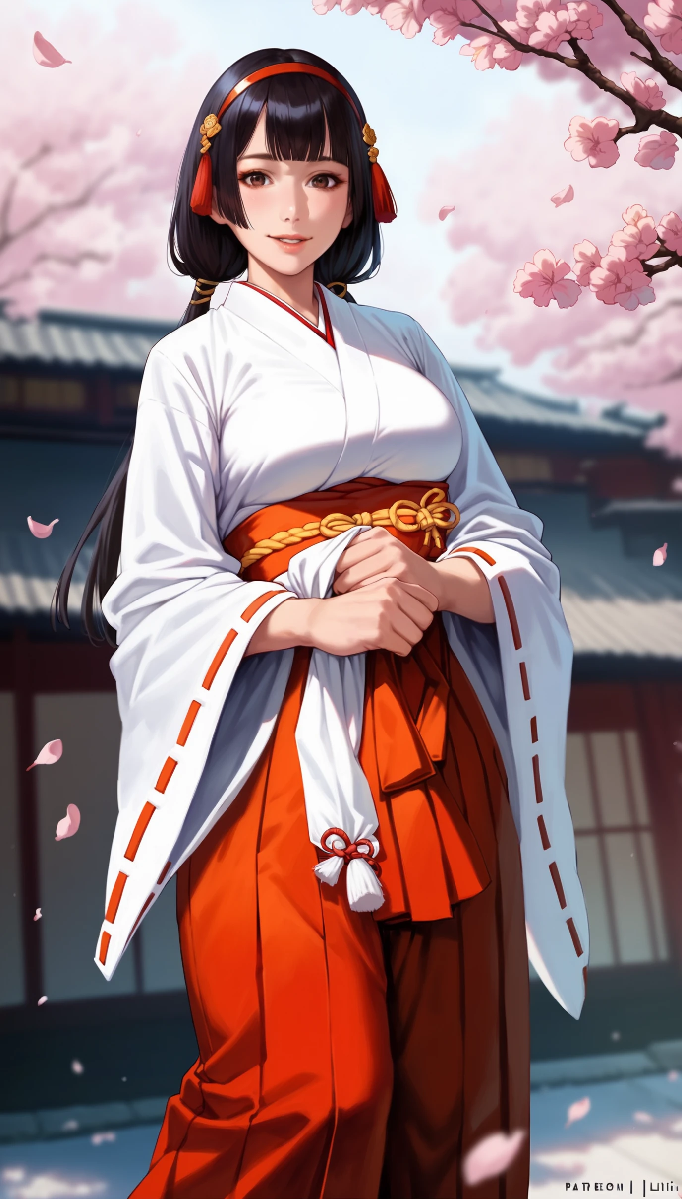 score_9,score_8_up,score_7_up,<lora:naotorali-000080:0.6>,
naotora li,1girl,solo,
black hair,bangs,blunt bangs,twintails,low twintails,red hair ornament,red hairband,white scrunchie,
japanese clothes,miko,miko outfit,hakama,red hakama skirt,red hakama,
brown eyes,looking at viewer,smile,lips,parted lips,
big breasts,
outdoors,cherry blossoms,japanese style wall,vignetting,blurry background,
cowboy shot,facing viewer,
standing,