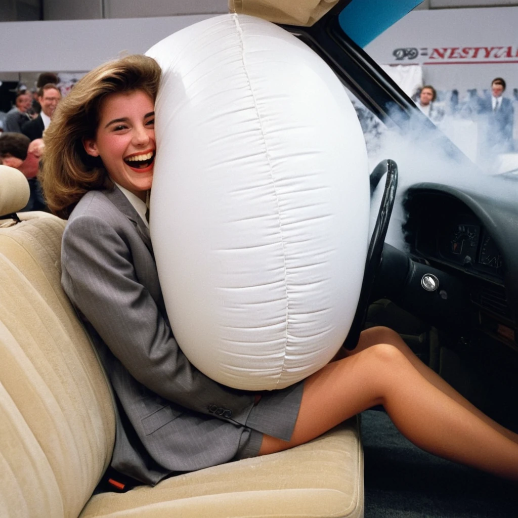 A young woman, laughing, wearing business suit jacket, sitting in the driver seat of a car, bingairbag, a giant white airbag is in front of her, she is leaning forward, her face is pressing against the airbag, smoke coming out from the dashboard, (at an indoor auto show:1.0), side view