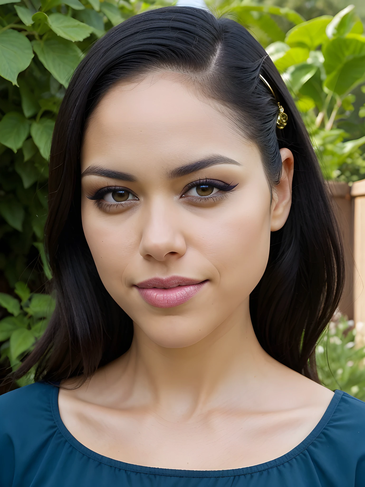 close-up photo of 4lyss4D14z_V1-Emb , makeup, mascara, eyeshadow, in the middle of a garden, 8k uhd, high quality, dramatic, dramatic lighting, realistic , lifelike texture