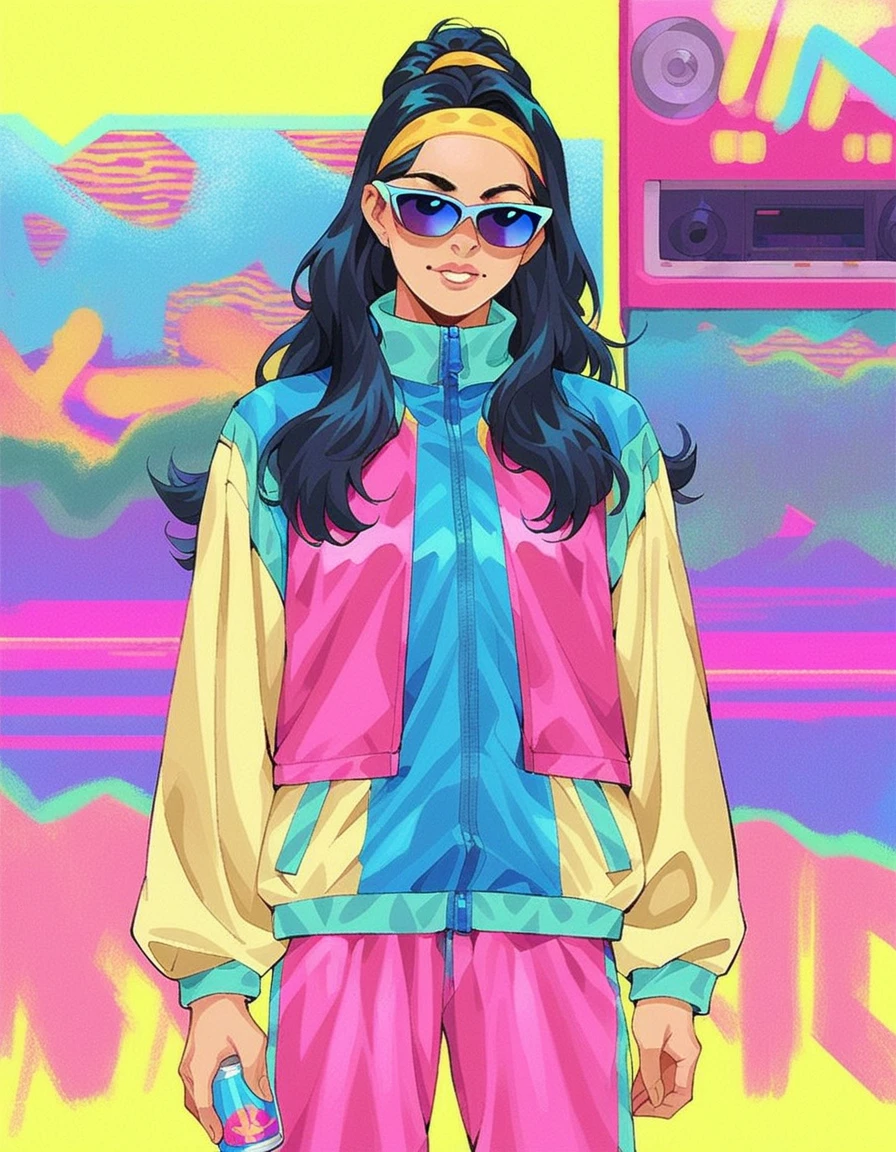 vaporwave style score_9, score_8_up, score_7_up, score_6_up, score_5_up, score_4_up, 1girl, solo, long black hair updo, hud_jggr, colorful jacket, zipper, pants, hairband, <lora:1980sjoggingsuit:0.8>, standing, curb, graffiti, boombox, sunglasses, spray can, . retro, neon, pixelated, nostalgic