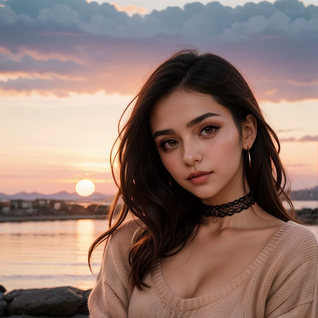 1 young cute iranian girl, very slim, skinny, redhead, rouge, red neck lace choker, cateyes makeup, colorful, oversize knit jumper, softcore, warm lighting, cosy atmosphere, Instagram style, red theme, upper body shot,(cinematic, black and red:0.85), (sunset beautiful background:1.3), sharp, dim colors