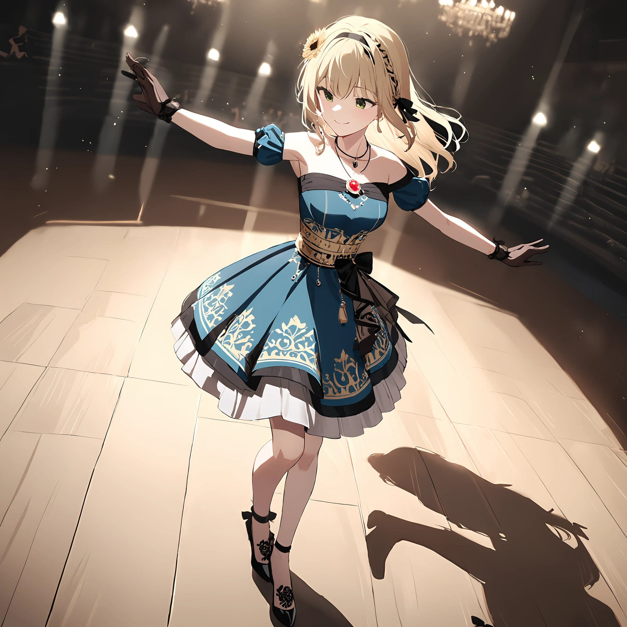 masterpiece,chinoserei2,1girl,smile,fesidoly necklace,fesidoly hair fower,fesidoly off-shoulder dress,fesidoly gloves,fesidoly hair ribbon,fesidoly high heels,Cinematic Lighting,hall,depth of field,<lora:IchinoseRei:0.8>,cinematic_angle,dancing,