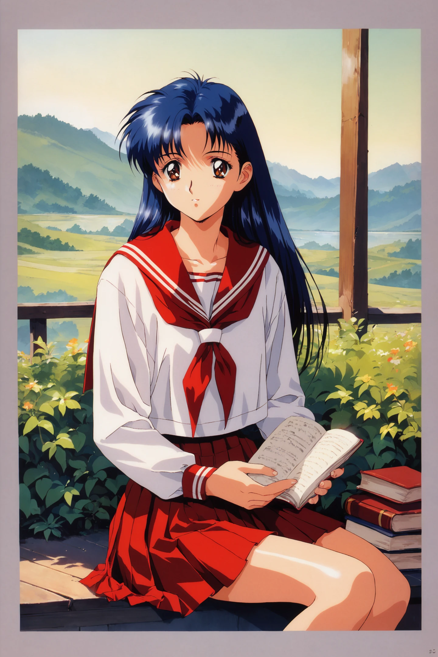 score_9,score_8_up,score_7_up,masterpiece,best quality,absurdres,
1girl,solo,long hair,school uniform,retro artstyle,1990s (style),skirt,brown eyes,long sleeves,serafuku,pleated skirt,looking at viewer,red skirt,book,blue hair,red neckerchief,black hair,holding book,sitting,sailor collar,outdoors,
<lora:Koh Kawarajima_XL_PONY:0.8>,