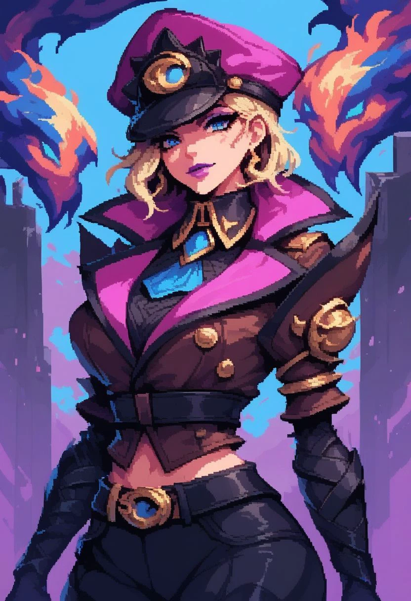 score_9, score_8_up, score_7_up, score_6_up, soul fighter evelynn,1girl, cropped jacket, hat, pants, blue eyes,short hair, blonde hair, purple lips,source_anime, expressive face, speedlines, dynamic movements, ultra-detailed,highres,8k,perfect body,intricate details,depth of field,d3p1x3l, pixel art,