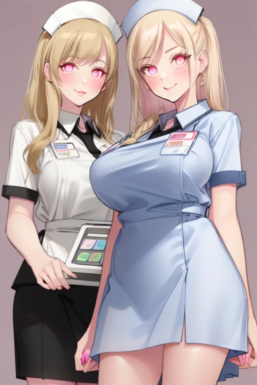 p0pqn, 2girls, standing, pastel pink, blonde, nurse, nurses uniform, simple background